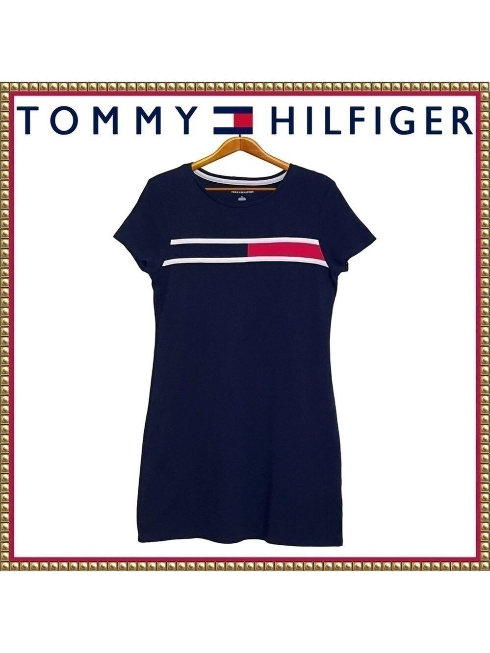 Tommy Hilfiger Navy Midi Dress with White and Red Stripe